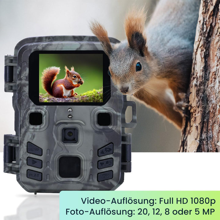 Kompakte Wildkamera, Full HD, PIR Bewegungssensor, Nachtsicht mit IR LEDs, IPX5, 180g leicht, Farbdi
