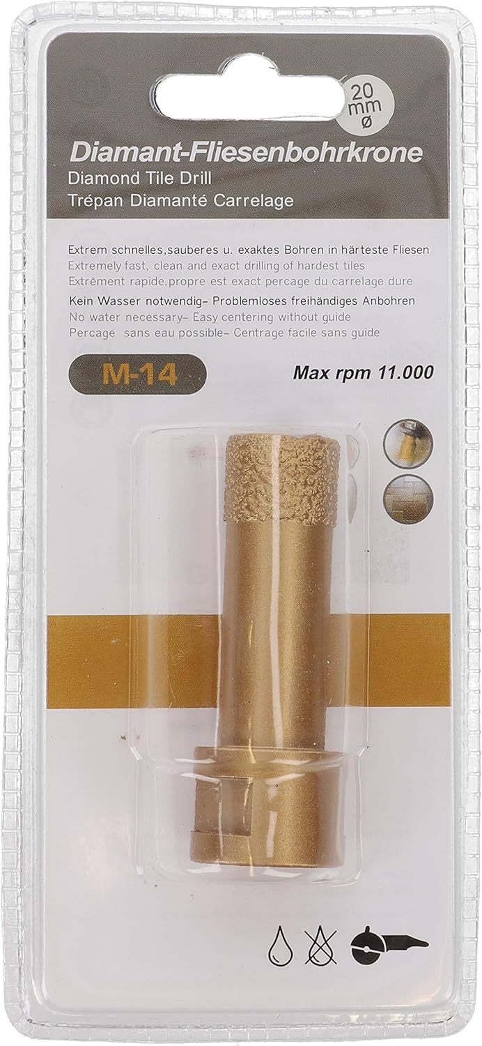 PRODIAMANT Profi Fliesenbohrer Fliese 20 mm x M14 Diamantbohrer Winkelschleifer für trockenbohren in