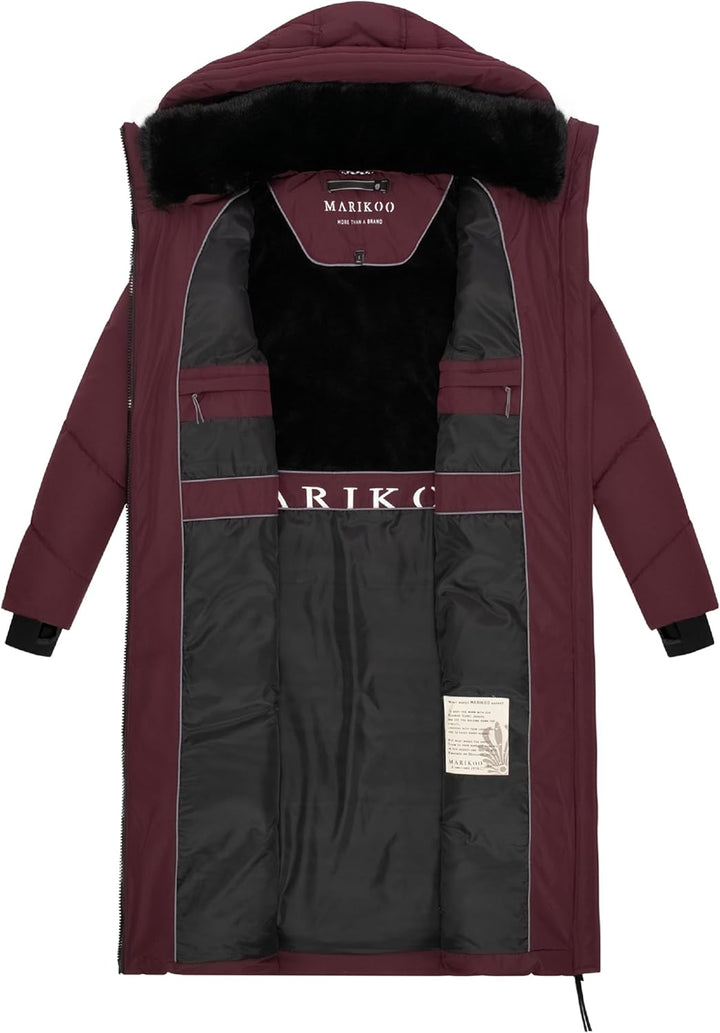 MARIKOO Damen Wintermantel warmer Steppmantel lang mit verstellbarer Kapuze und hohem Kragen Nadaree
