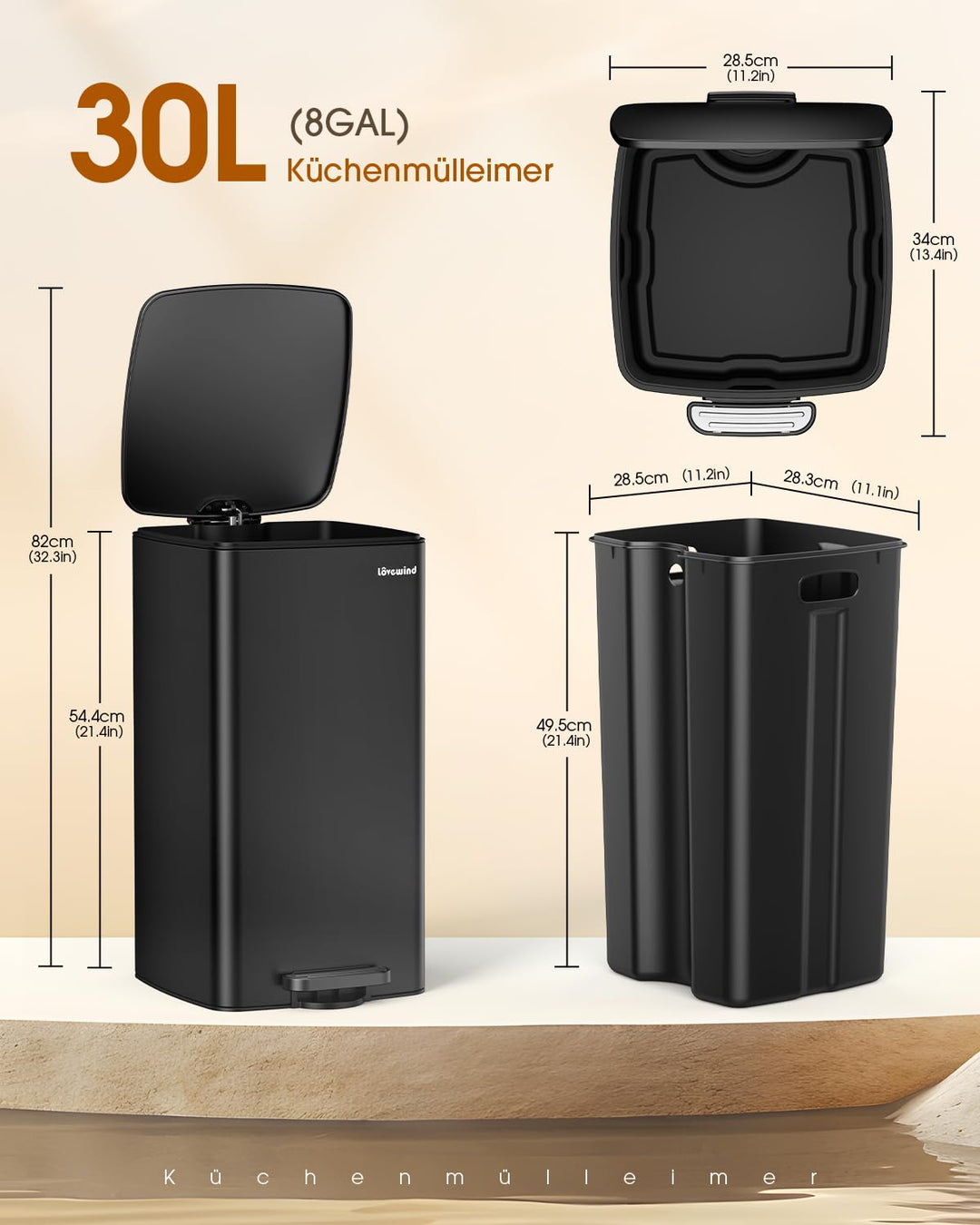 lovewind Küchenabfalleimer, 30L Schwarzer Mülleimer aus Edelstahl mit Pedal, mit Deckel und Inneneim