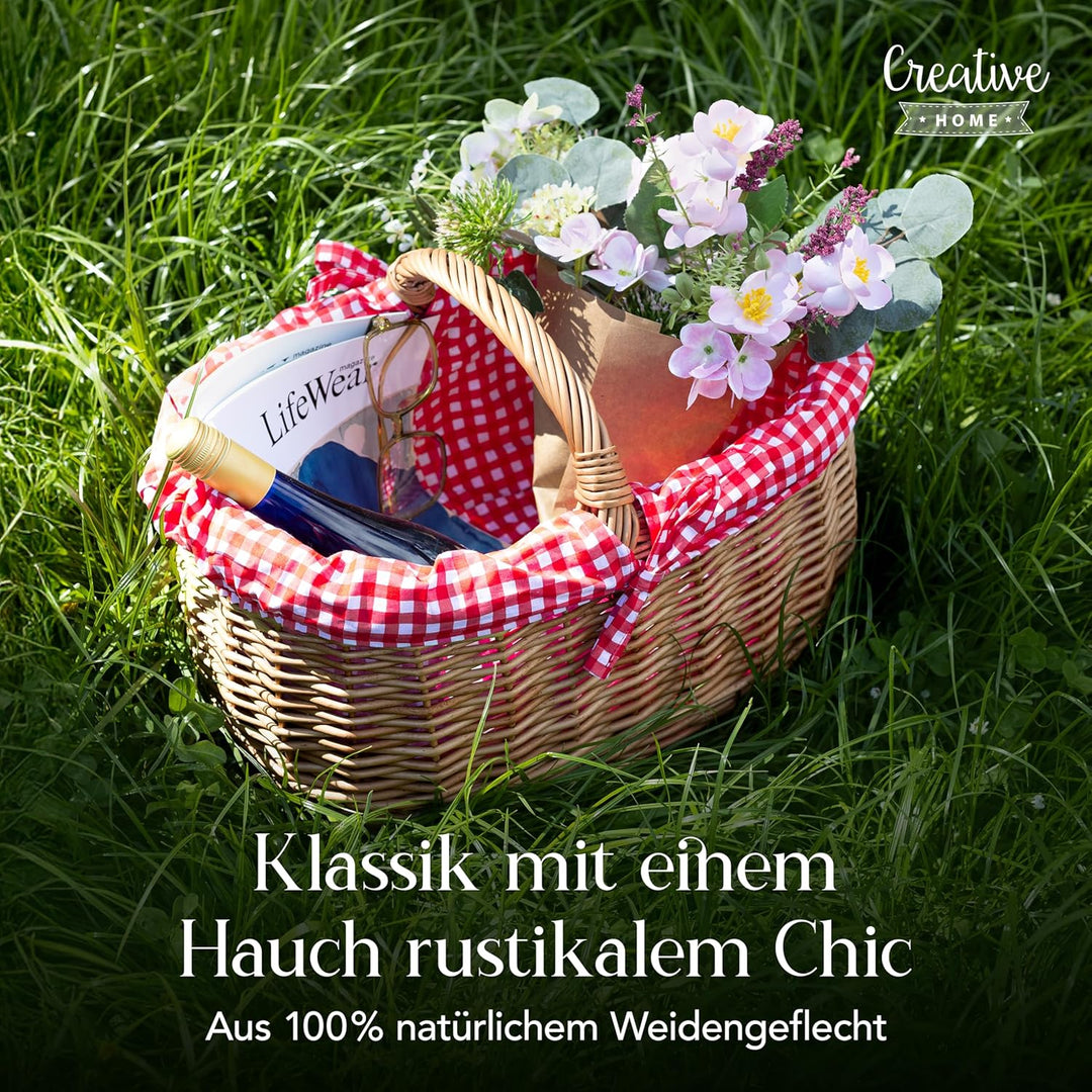 Creative Home Grosser Picknickkorb mit rot karierter Stoffeinlage | Weidenkorb mit Henkel | Einkaufs
