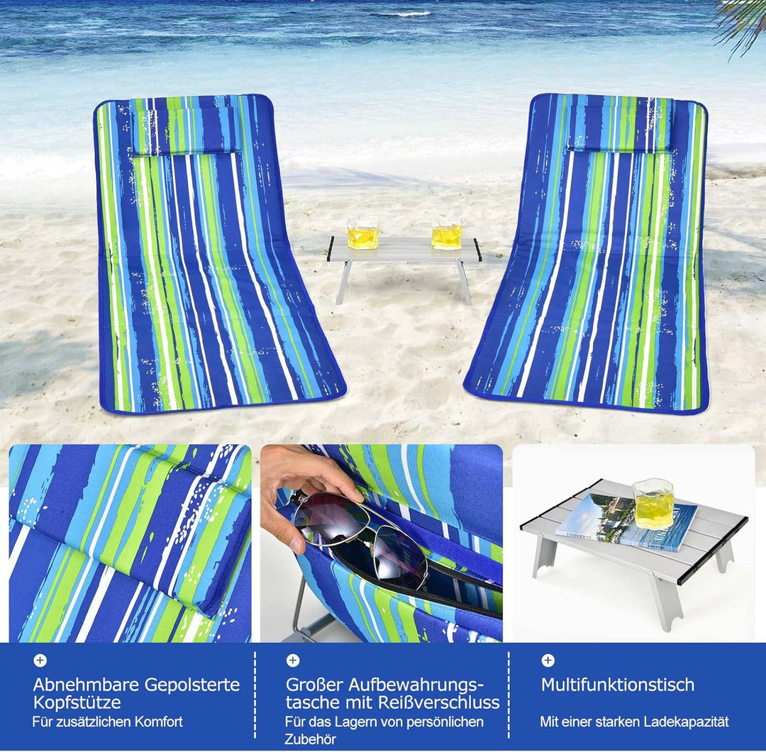 COSTWAY 2er Set Strandmatte mit Beistelltisch, Kopfkissen & Staufach, Liegematte mit Verstellbarer R
