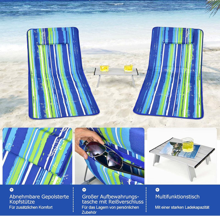 COSTWAY 2er Set Strandmatte mit Beistelltisch, Kopfkissen & Staufach, Liegematte mit Verstellbarer R