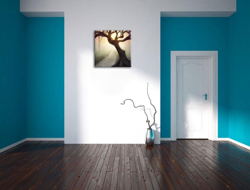 Pixxprint Riesiger Baum am Waldweg Schwarz/Weiss, Format: 70x70 auf Leinwand, 70x70