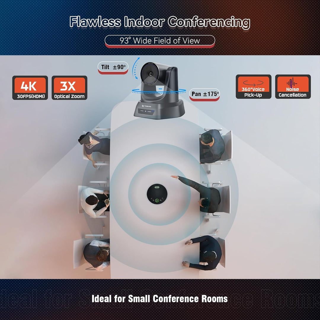 TONGVEO 4K PTZ-Konferenzkamerasystem, KI-Auto-Tracking, 3X Zoom, 4K PTZ-Kamera mit USB 3.0/HDMI &amp; 93