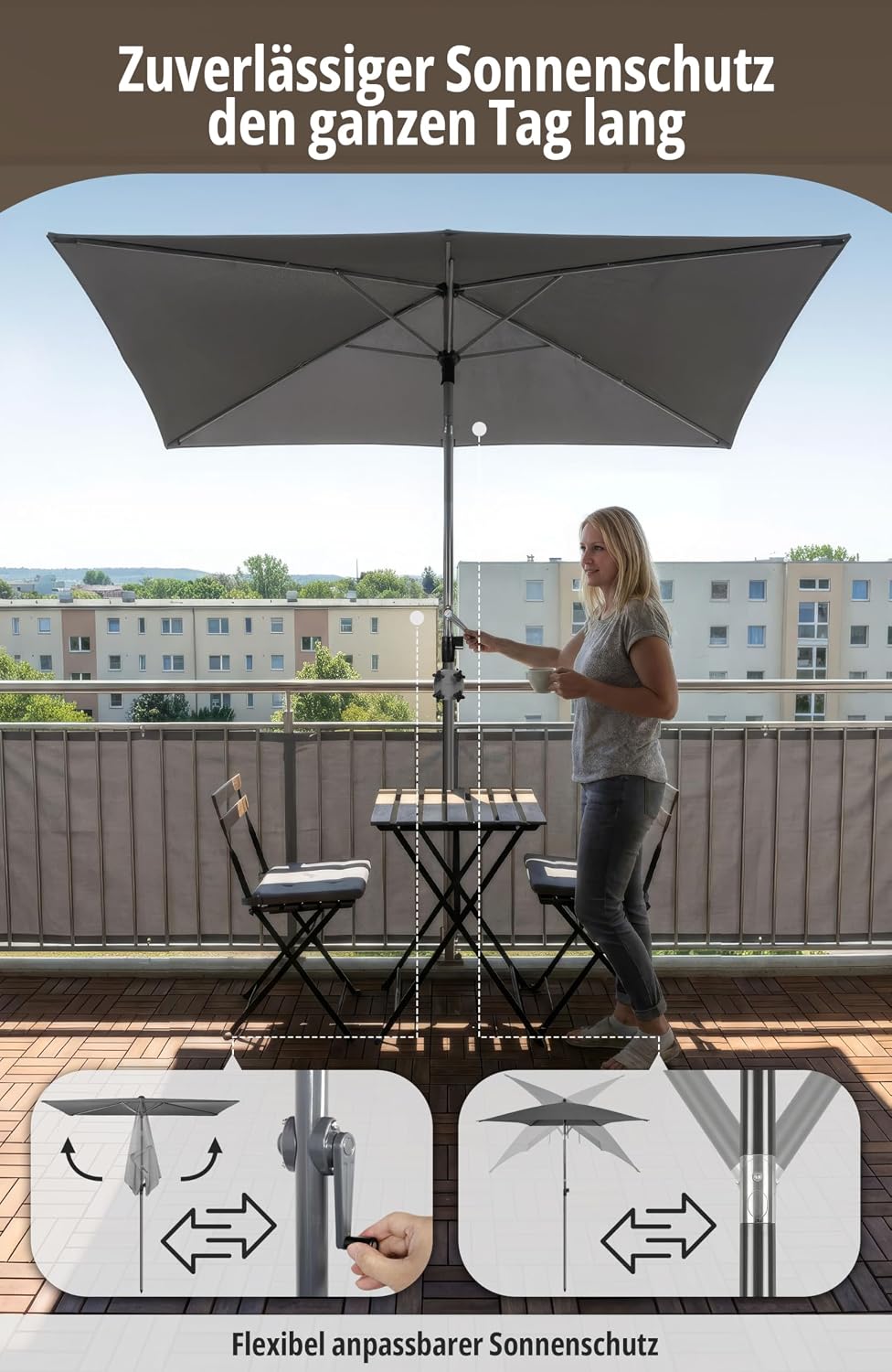 4smile SunnyShade Sonnenschirm Balkon Roma mit Schutzhülle, Anthrazit, Sonnenschirm rechteckig 200x1