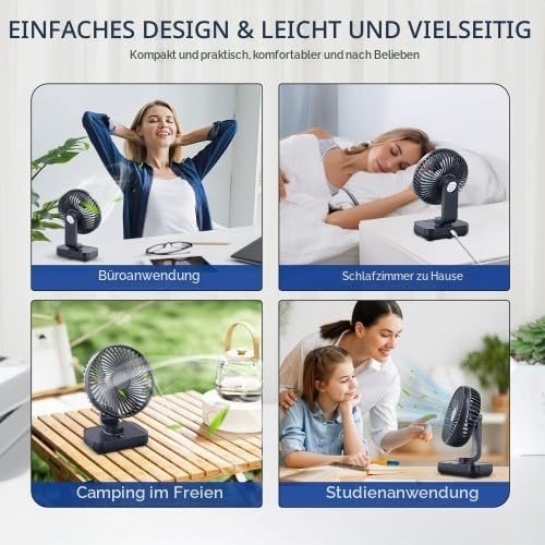 Tischventilator Leise Automatisch Oszillierend, 4000mAh Akku USB 5 Geschwindigkeiten LED-Digitalanze
