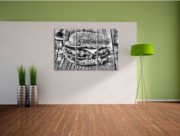 Pixxprint Monocrome, Leckerer Cheeseburger 3-Teiler Leinwandbild 120x80 Bild auf Leinwand