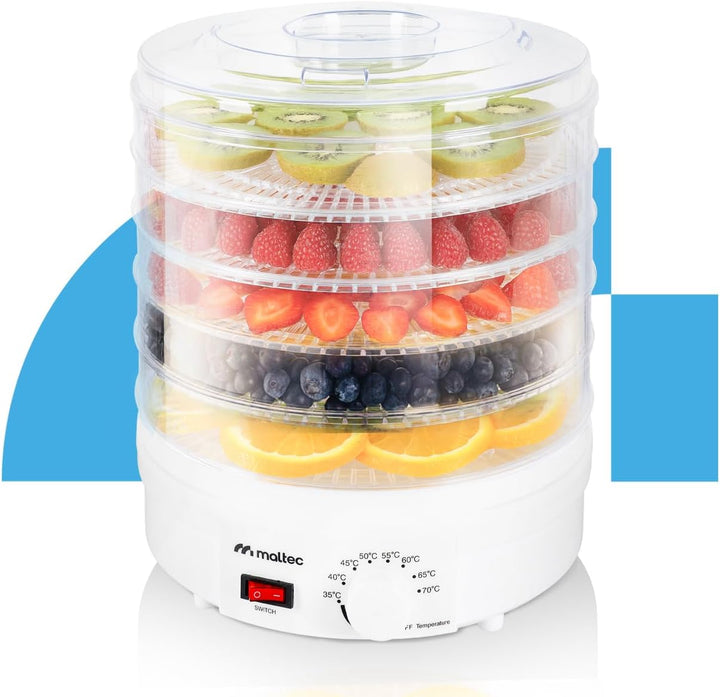 Maltec Dörrautomat Dörrgerät mit 5 Einlegefächer, Lebensmitteltrockner 35-70°C, 24h-Timer, Obsttrock
