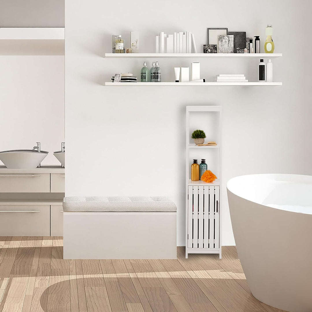 Relaxdays Badezimmerschrank, HxBxT: 129 x 30 x 30 cm, 4 Fächer, MDF, schmaler Badschrank, Badezimmer
