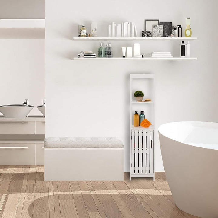 Relaxdays Badezimmerschrank, HxBxT: 129 x 30 x 30 cm, 4 Fächer, MDF, schmaler Badschrank, Badezimmer