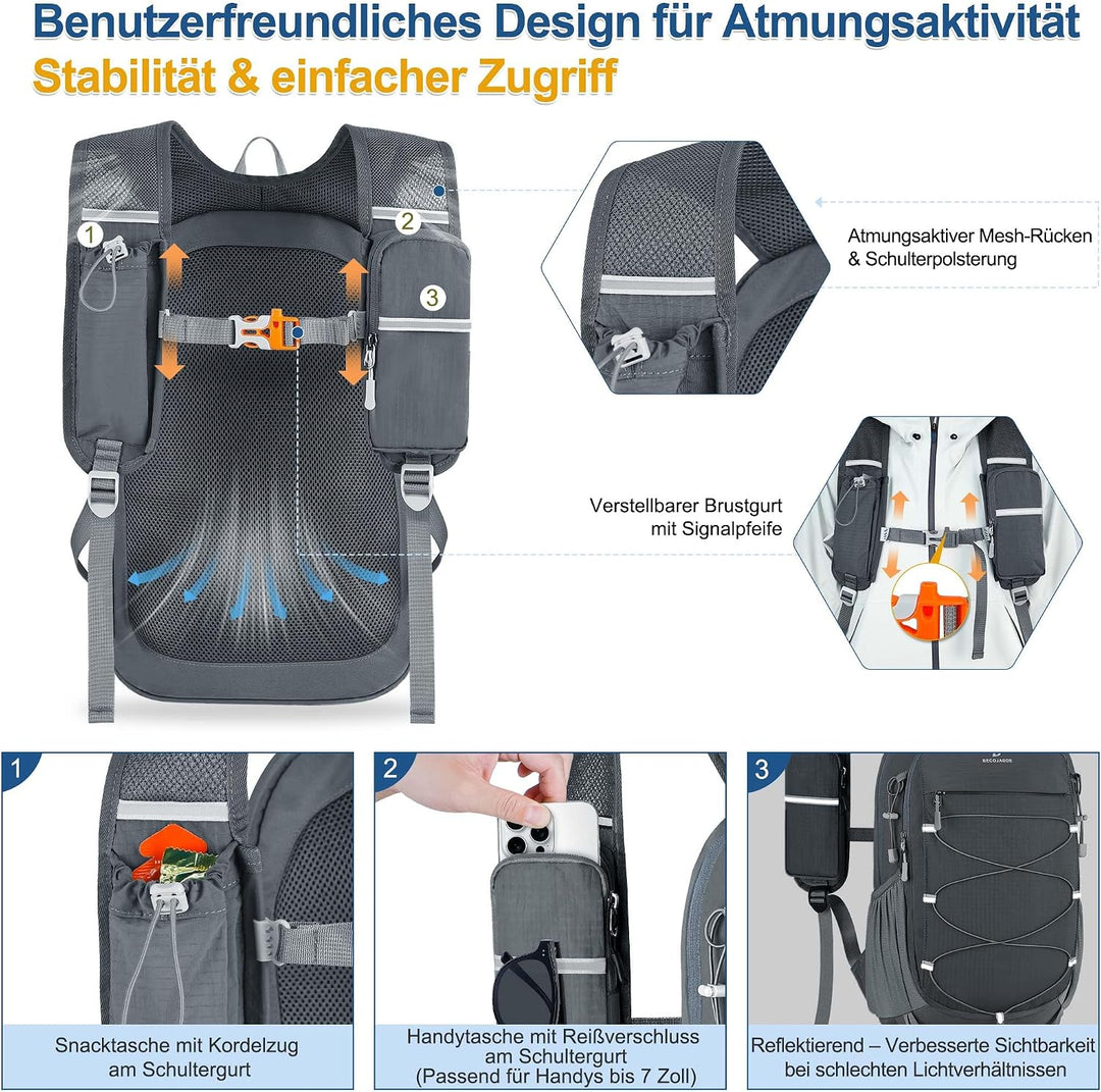 BECOJADDE 15L Kleiner Wanderrucksack Tagesrucksack Herren Damen Leichter Faltbarer Rucksack mit Brus