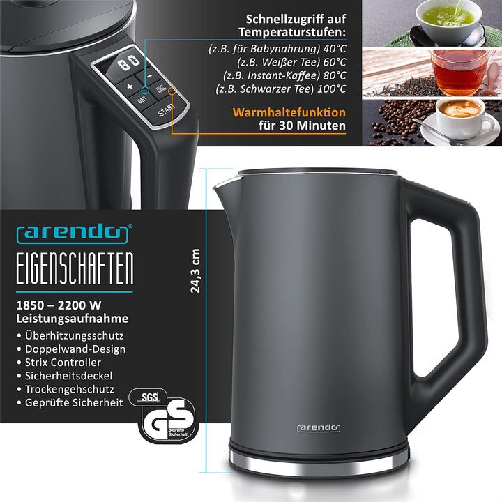 Arendo - Wasserkocher und Toaster im SET Edelstahl Cool Grey, Wasserkocher 1,5L 40°-100°C Warmhaltef