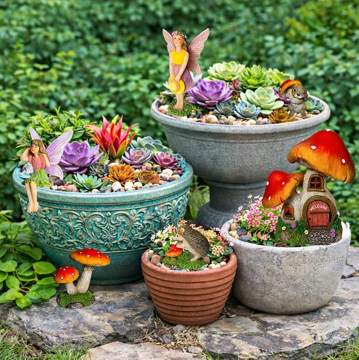 Miniatur-Set für Feengarten, Pilzhaus, 6 Stück, Figuren und Zubehör für den Aussenbereich oder als H