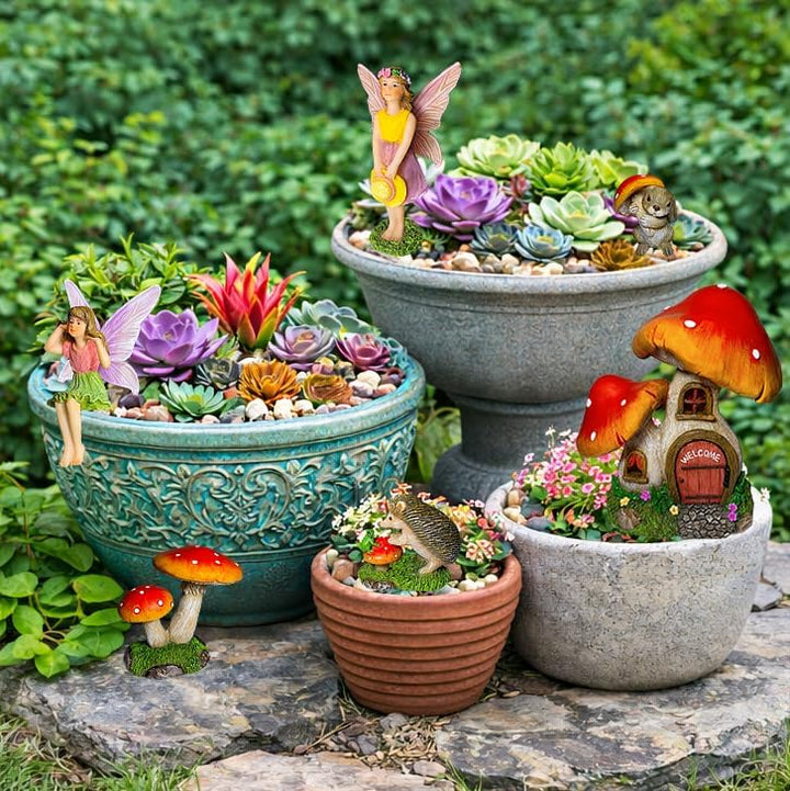 Miniatur-Set für Feengarten, Pilzhaus, 6 Stück, Figuren und Zubehör für den Aussenbereich oder als H
