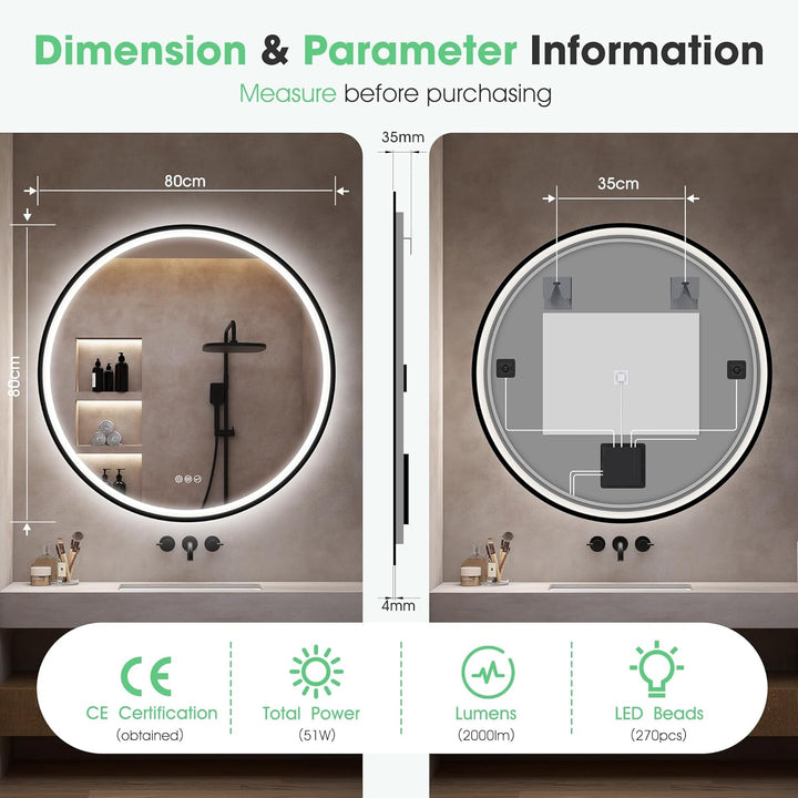 S'bagno Badspiegel-mit-Beleuchtung 80CM, LED-Badspiegel-Rund mit Bluetooth, Anti-Fog, 3 Lichtfarben,