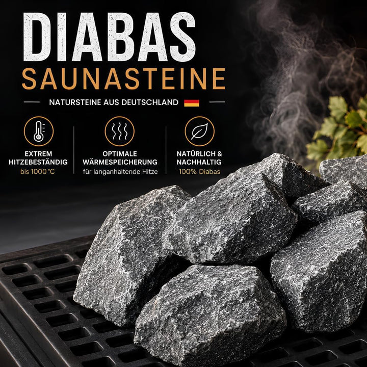 Saunasteine Diabas (vorgewaschen) 50-80 mm + Saunakko Saunatasse als SET (5kg)