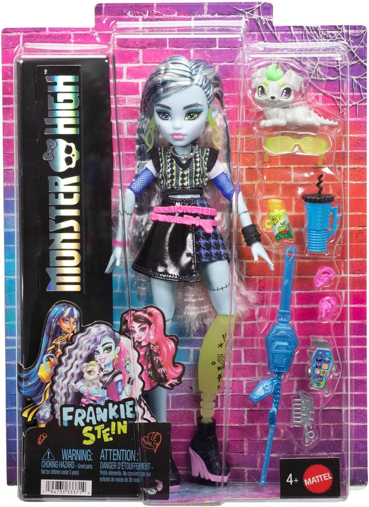 Monster High-Puppe, Frankie Stein in bauchfreiem Pullover und schwarzem Lederrock mit Hund Watzie un