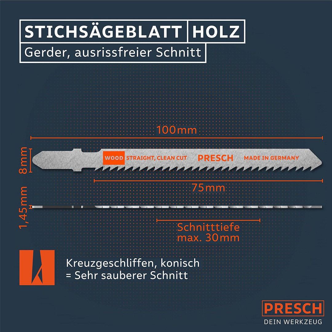 Presch Stichsägeblätter Holz 10 Stk. - Sehr sauberer, gerader Feinschnitt (3-30mm) - Langlebige T-Sc