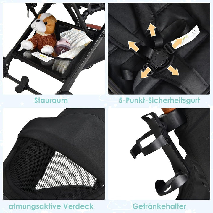 COSTWAY Kinderwagen klappbar, Reisebuggy mit Liegefunktion, Kinderbuggy mit verstellbarem Rückenlehn