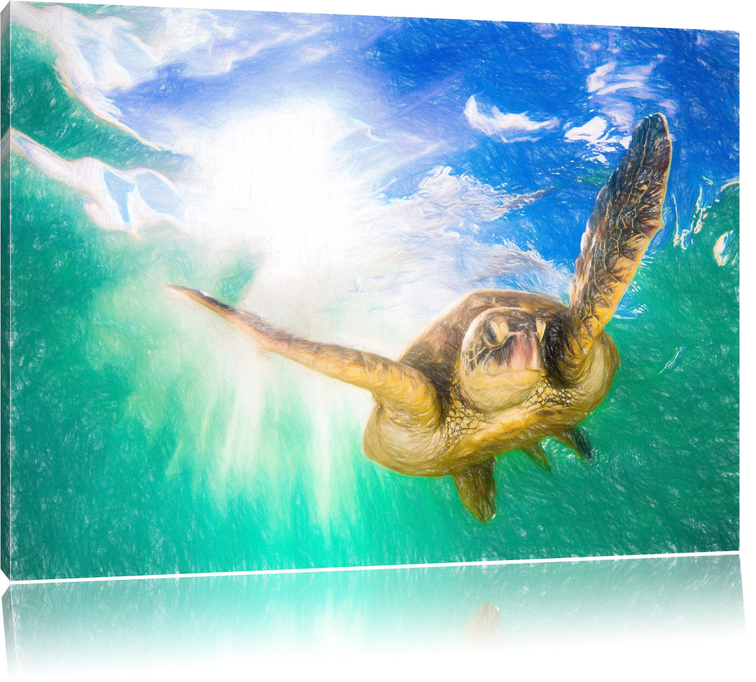 Pixxprint Meeresschildkröte / 100x70cm Leinwandbild bespannt auf Holzrahmen/Wandbild Kunstdruck Deko