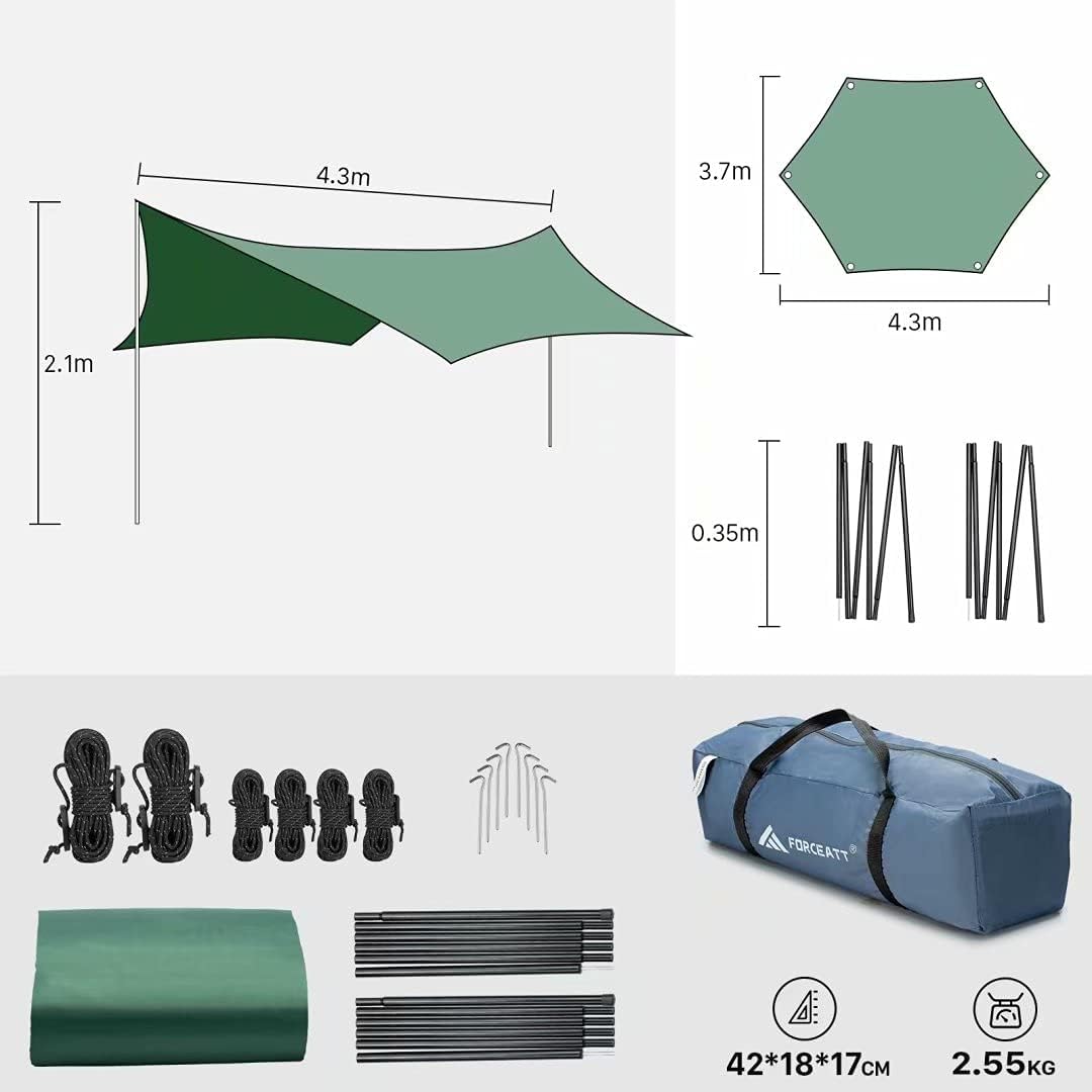 Forceatt Zeltplane, 3,7 * 4,3 m Tarp Ultraleicht mit 6 Umreifungspunkten, Anti-UV &amp; wasserdicht Tarp