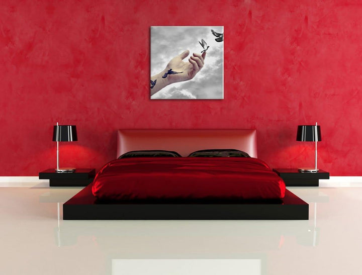Pixxprint Vögel fliegen in die Freiheit Schwarz/Weiss, Format: 70x70 auf Leinwand, 70x70