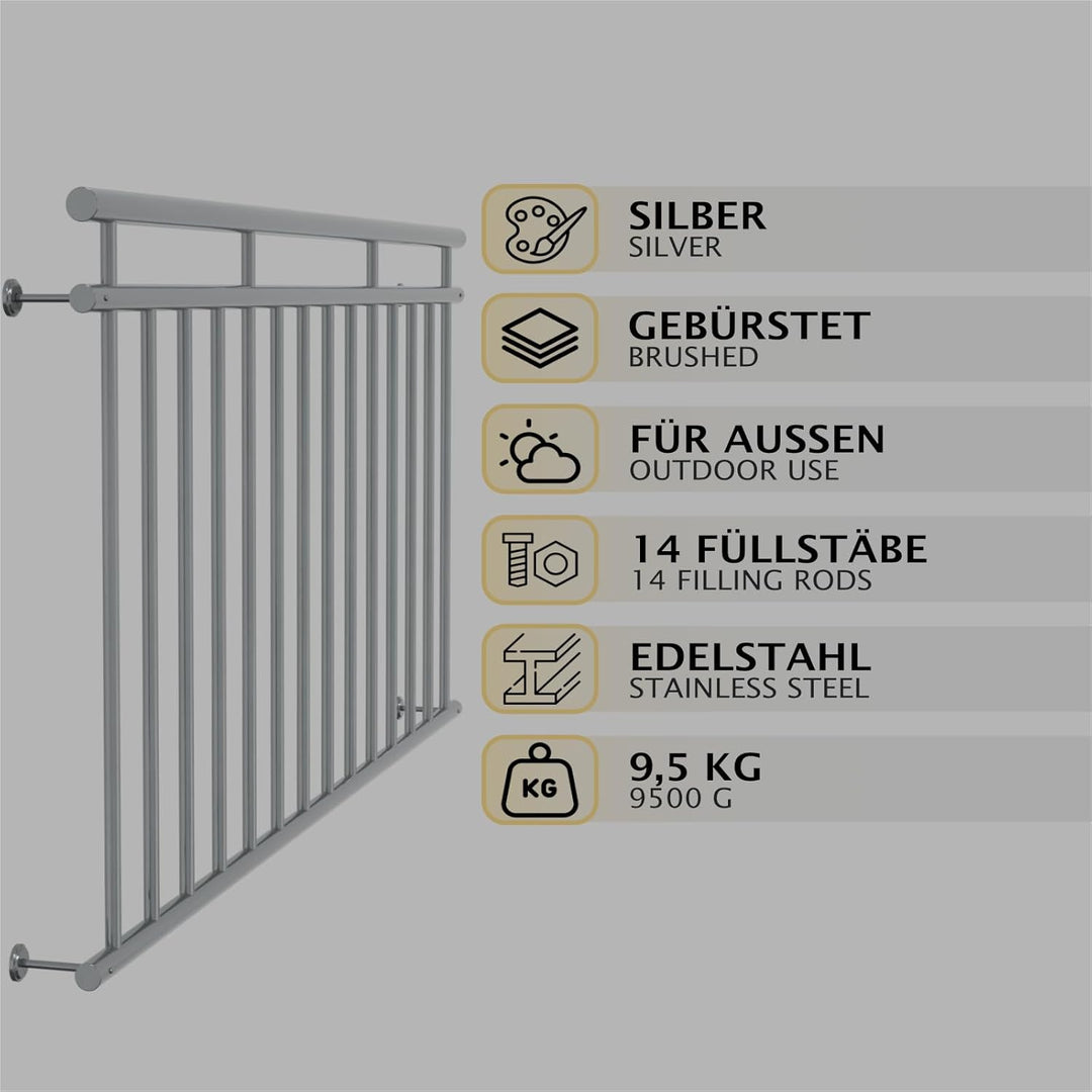 HAGO24 | Französischer Balkon | Fenstergitter | Edelstahlgeländer | 184x90cm | Stabgeländer | Juliet