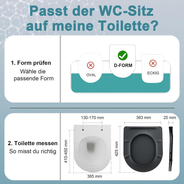 MEEJEE WC Sitz D Form, Toilettendeckel mit Absenkautomatik, Klodeckel Grau, Soft Close Toilettenbril