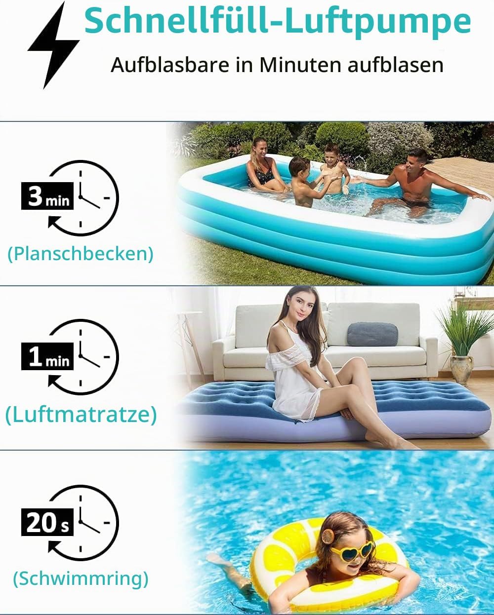 Kabellose Elektrische Luftpumpe mit 2×2000mAh Wiederaufladbarem Akku für Pool, Schlauchboot &amp; Luftma