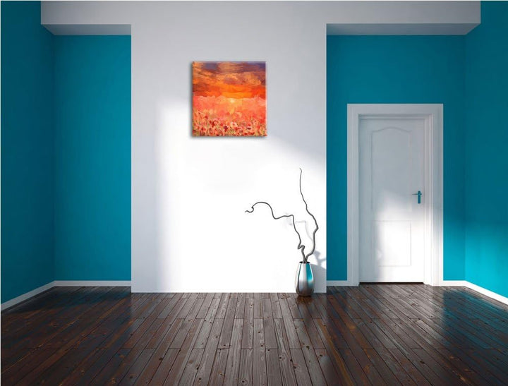 Pixxprint rot leuchtendes Mohnblumenfeld als Leinwandbild/Grösse: 70x70 cm/Wandbild/Kunstdruck/ferti