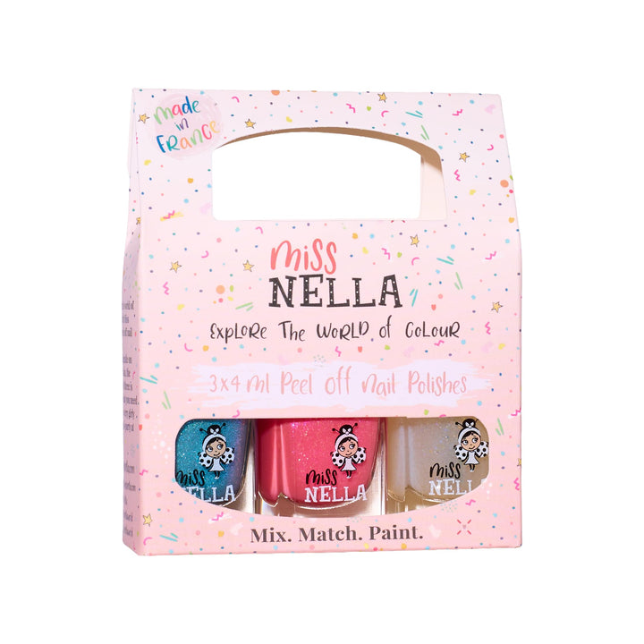 MIss Nella PARTY COLLECTION 3- Nagellackpack mit 3 Abziehbare, geruchsneutrale, wasserbasierte und s