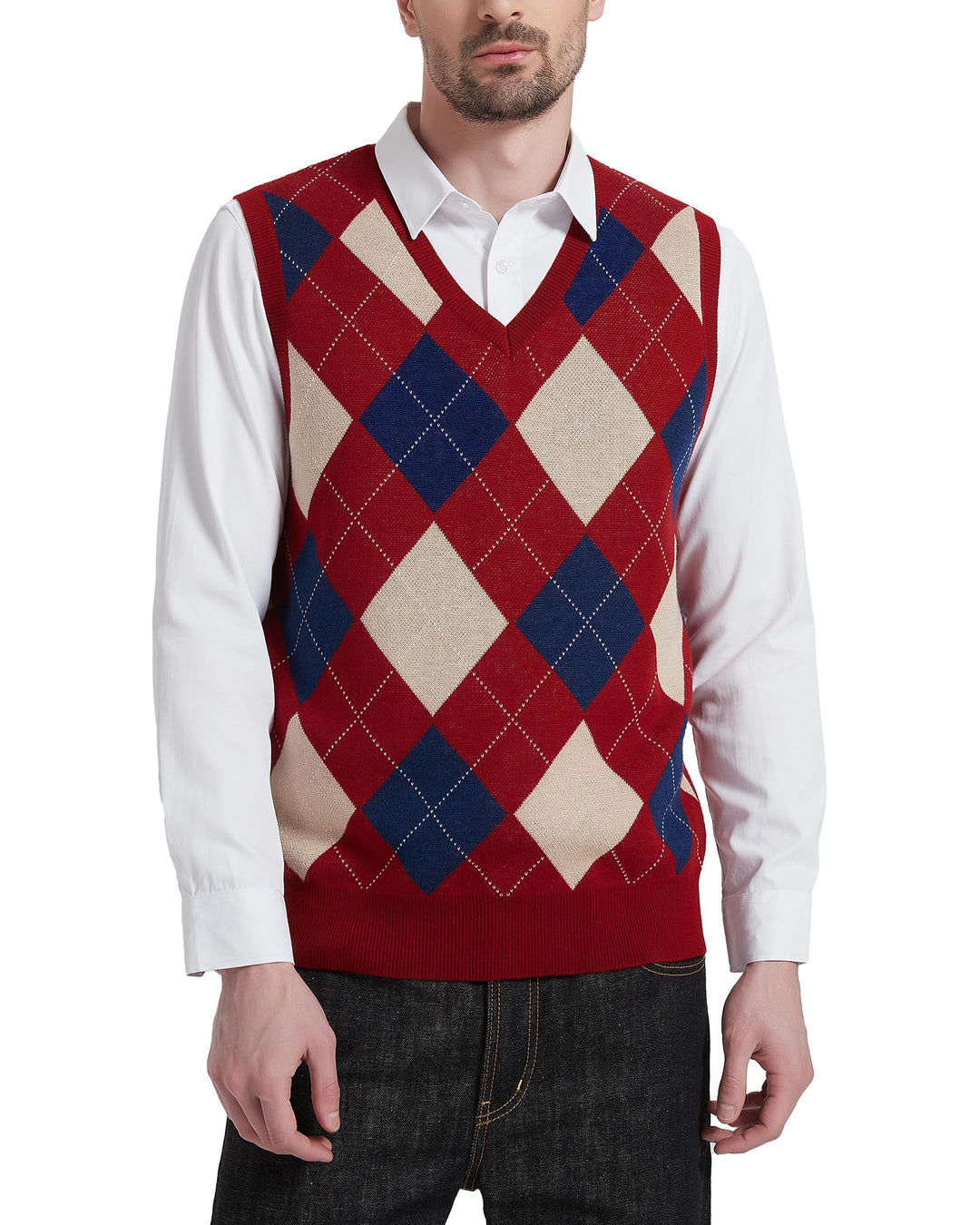 Kallspin Herren Argyle Gestrickt Ärmellos Pullover Wollmischung V-Ausschnitt Strickwesten L Burgunde