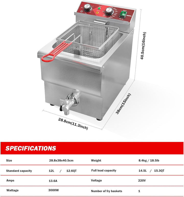 EGGKITPO Fritteuse 12 l Grosse elektrische Fritteuse mit Ölablass und Timer Fritteuse mit Korb und D