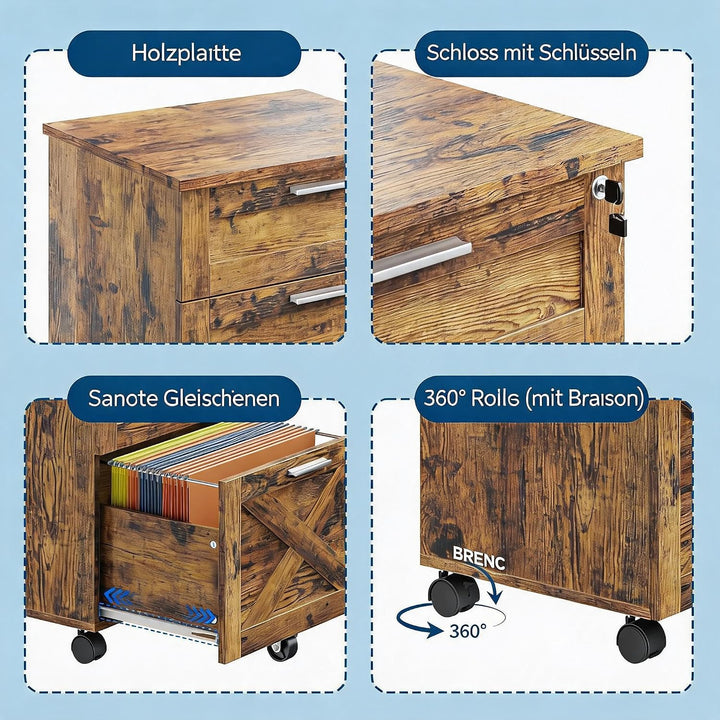 Rollcontainer mit 3 Schubladen, 39 x 50 x 62 cm | 3 Schubladen für Dokumente und Zubehör | Abschlies