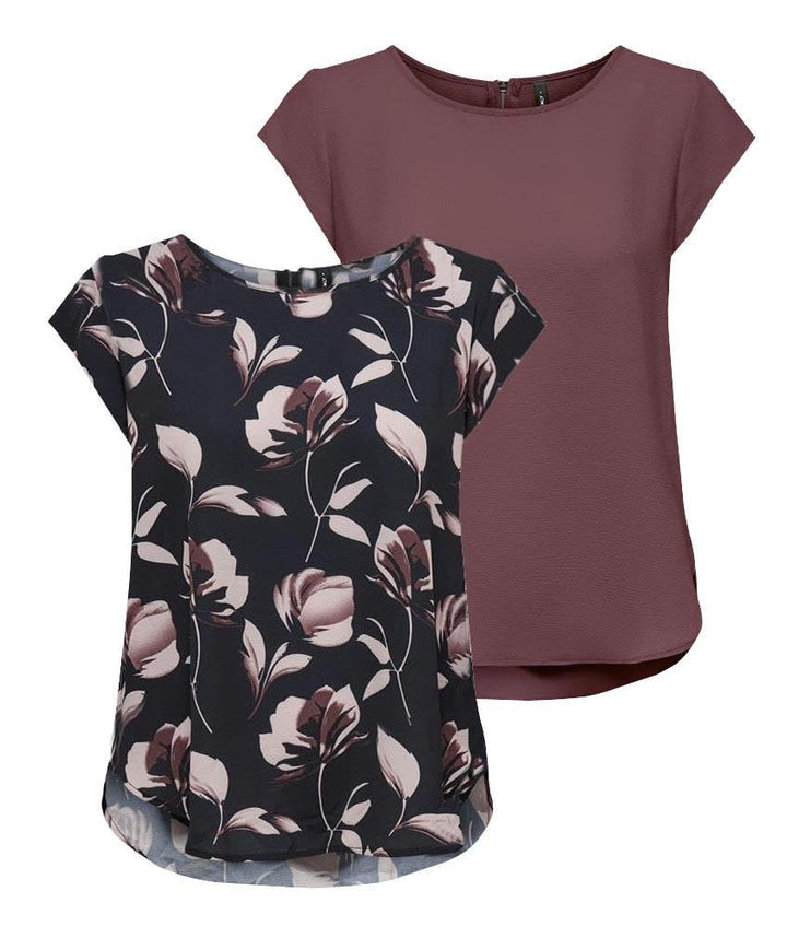 ONLY Damen Onlvic S/S Solid AOP Top Ptm T-Shirt, Blusenshirt, Kurzarm 38 2er Pack (Pack A: Rose Brow