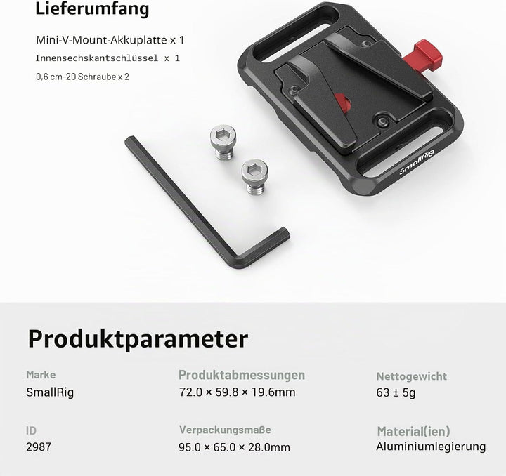 SMALLRIG Mini V Mount Batterieplatte Kamera Akku Platte Camera Battery Plate - 2987