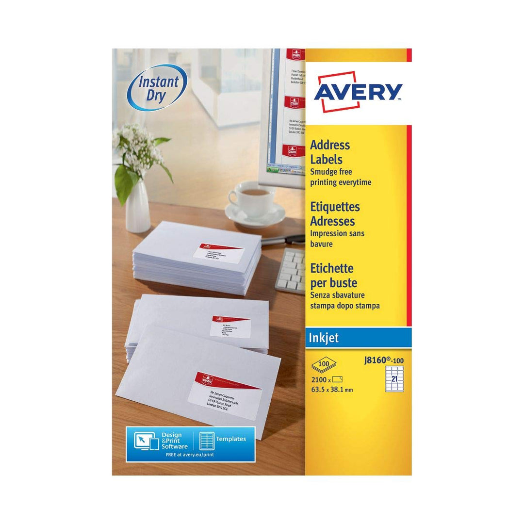 Avery J8160-100 Etiketten für Tintenstrahldrucker Packung mit 100 Blatt weiss