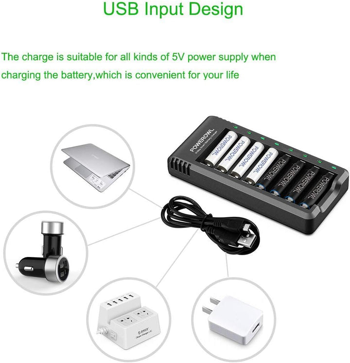 Powerowl Akku Ladegerät mit AA Akku 2800mah 8 Stück, AA Akkuladegerät Micro-USB Anschluss 8 Steckpla