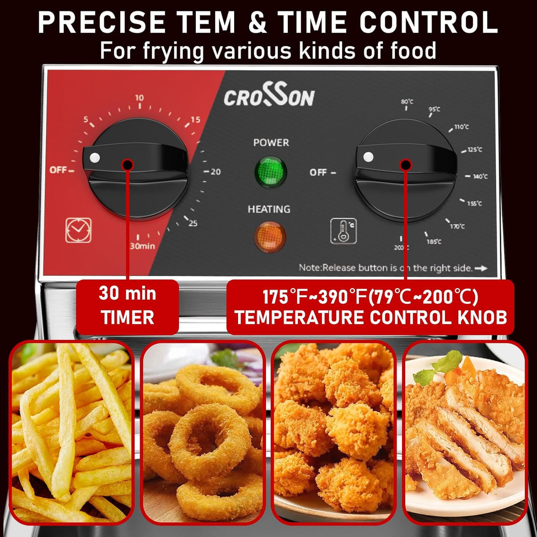 CROSSON 4L Elektrische Aufsatzfritteuse mit leicht zu reinigendem rotierendem Fritteusenkopf, 30 Min