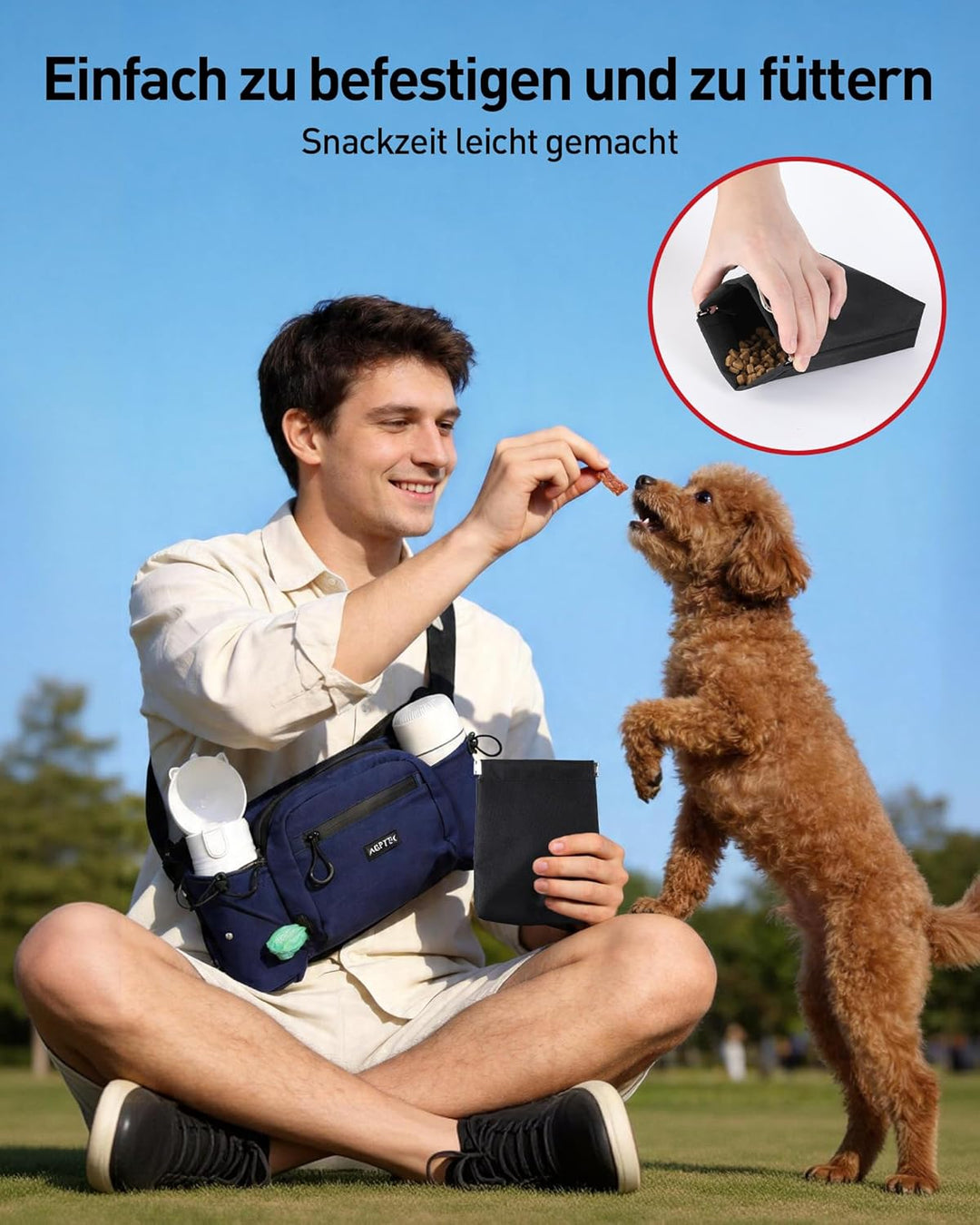 AGPTEK Bauchtasche mit Leckerli-Tasche für Hunde, Blau | Hundekotbeutel-Spender, Futterbeutel, Für H