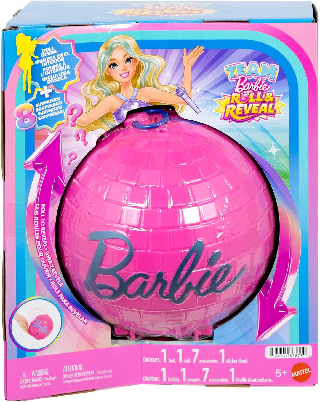 Barbie Team Roll & Reveal Popstar-Puppe und Zubehörteile mit Blonder Modepuppe, 8 Überraschungen und