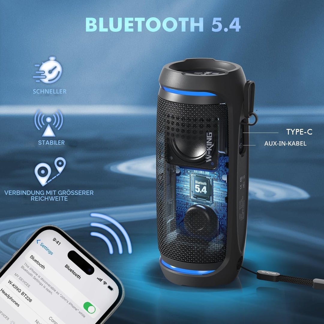 W-KING Bluetooth Lautsprecher, 36W Musikbox Tragbarer Bluetooth Box mit 360° Rundumklang, Kabellose