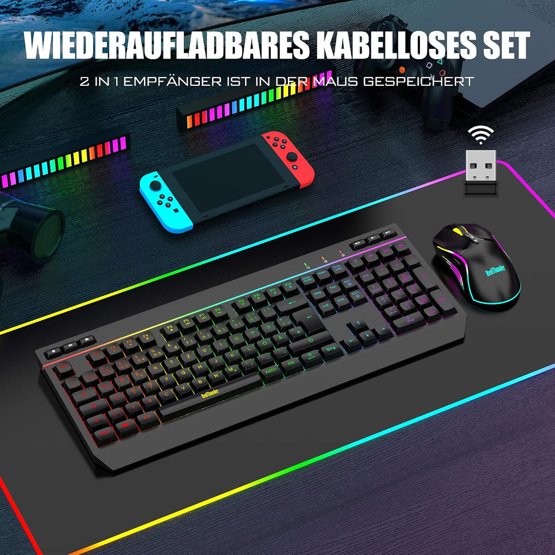 RedThunder K20 Rechargeable Kabelloses Tastatur und Maus Set, QWERTZ DE Layout, RGB Hintergrundbeleu