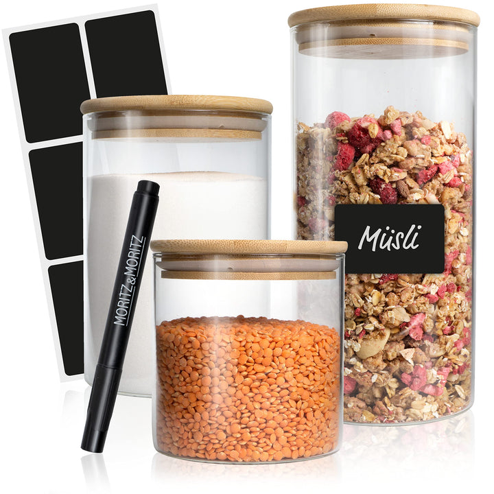 Moritz &amp; Moritz 3x Vorratsgläser mit Deckel Set 500ml, 750ml, 1500ml - 3x Vorratsdosen Glas mit Deck