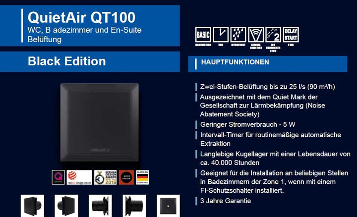Airflow QT100T Schwarzer Badlüfter – 25 L/s, Einstellbarer Einschaltverzug & Nachlauf, QuietMark‑zer