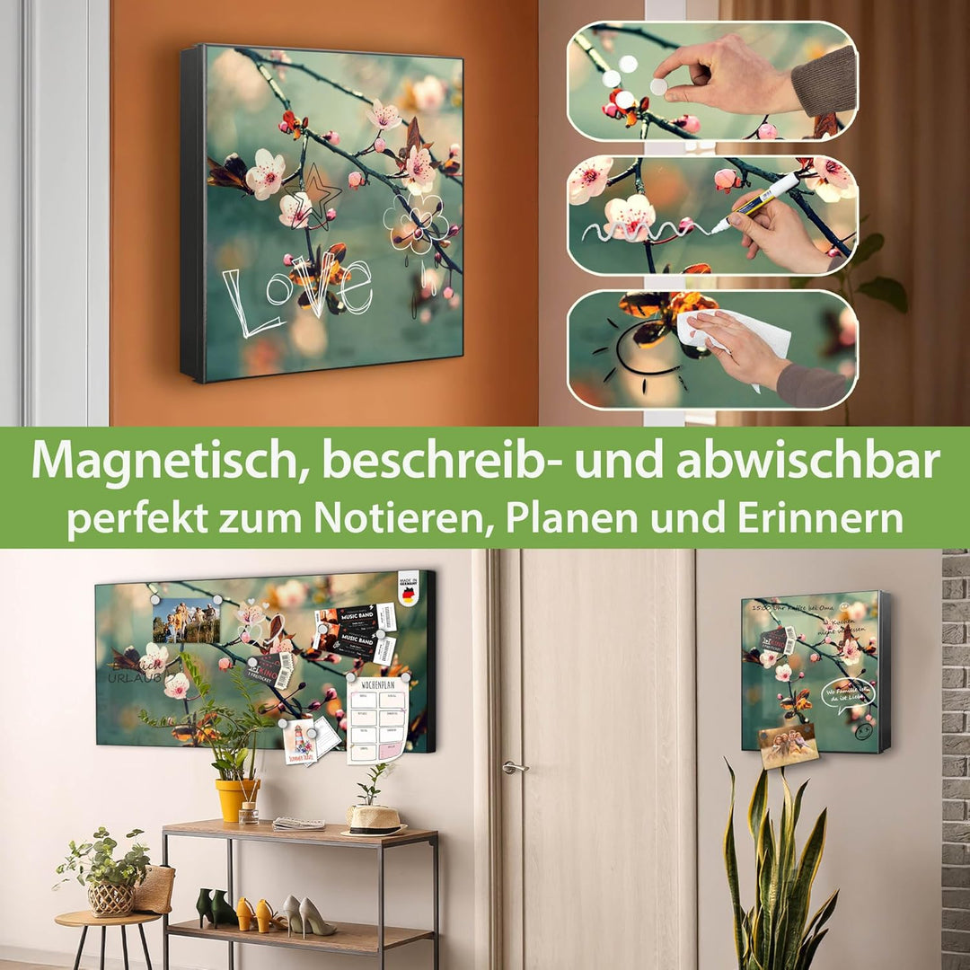 banjado® Grosser Schlüsselkasten Glas/Schlüsselbox 30cm x 30cm mit 50 Haken - Motiv Japankirsche/Sch