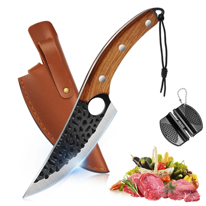 OOKUU Kochmesser Küchenmesser, Fleischerbeil Hackmesser mit Messerschärfer und Lederscheide, Profi A