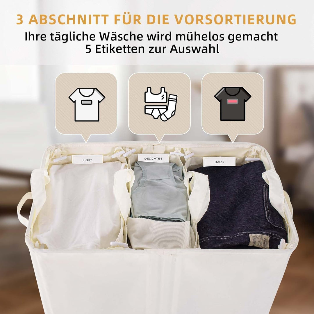 Wäschekorb Mit Deckel, 160L Extra Grosse Wäschekorb 3 Fächer Schmutzige Kleidung Hampers Für Wäsche