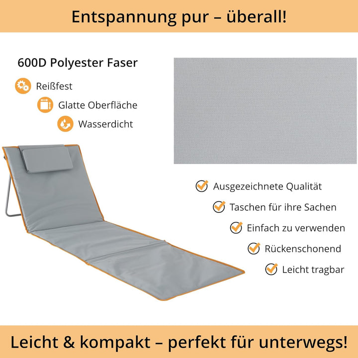 Stagecaptain Beachmatte “Layla” - Gepolsterte Strandmatte mit Kopfkissen - Stufenlos verstellbare Rü